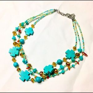 Teal Aqua beaded cross costume jewelry necklace